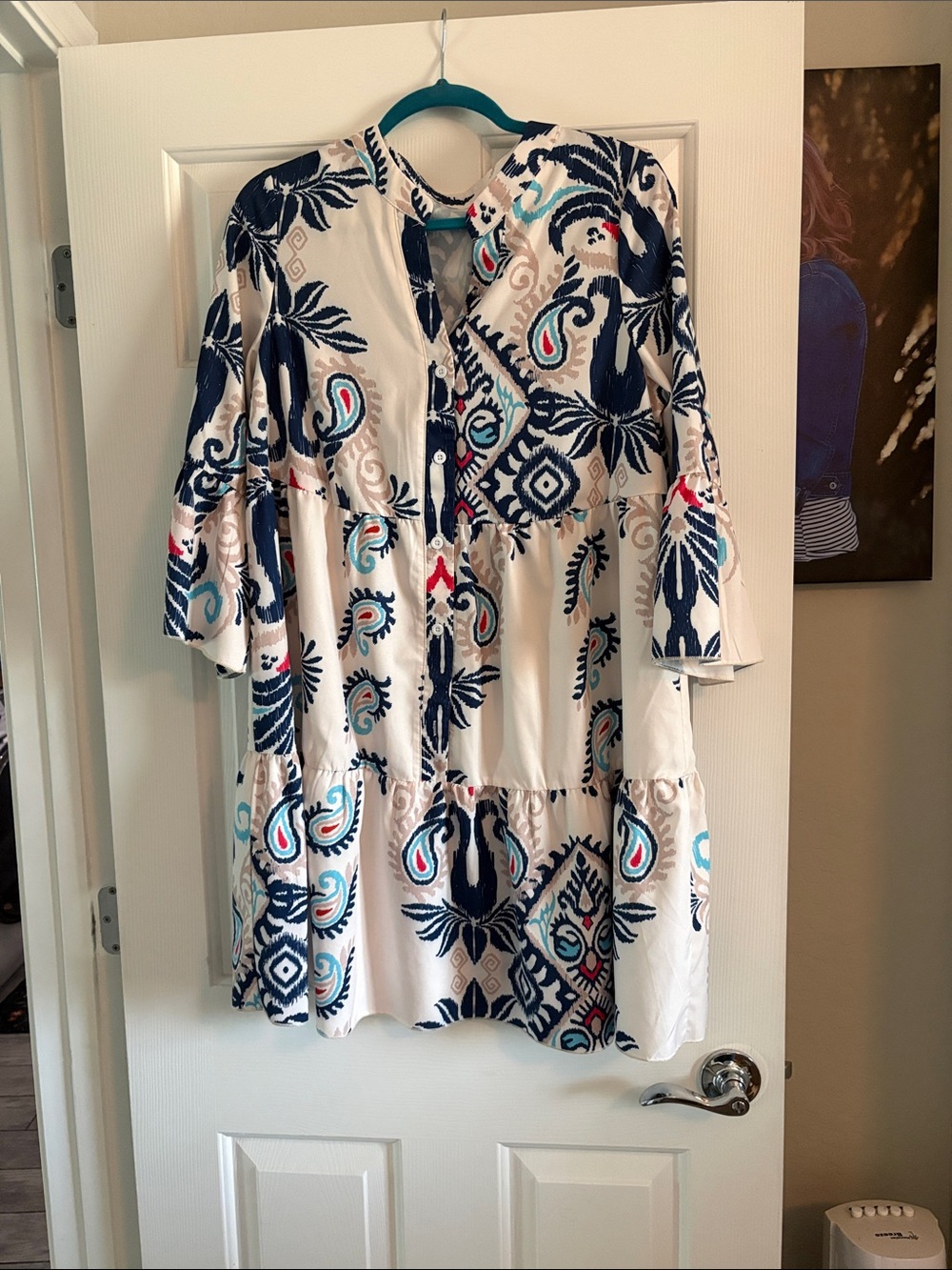 White Tunic Dress with Navy & Teal Paisley Print